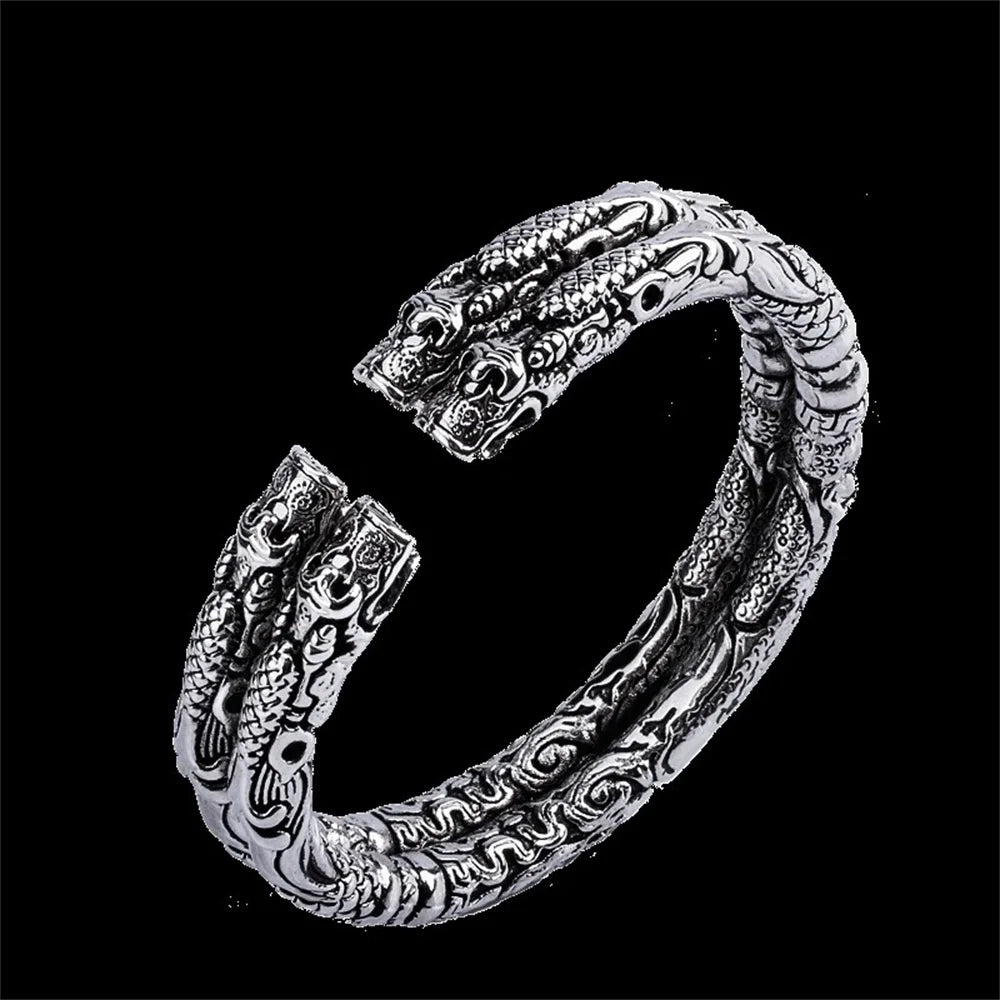 925 Sterling Silver Four‑Dragon‑Head Open Cuff Bangle Adjustable Men Bracelet Chinese‑Style Personalized Jewelry Gift