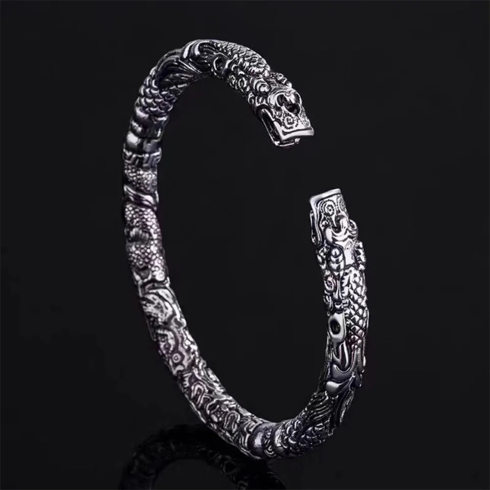925 Sterling Silver Four‑Dragon‑Head Open Cuff Bangle Adjustable Men Bracelet Chinese‑Style Personalized Jewelry Gift