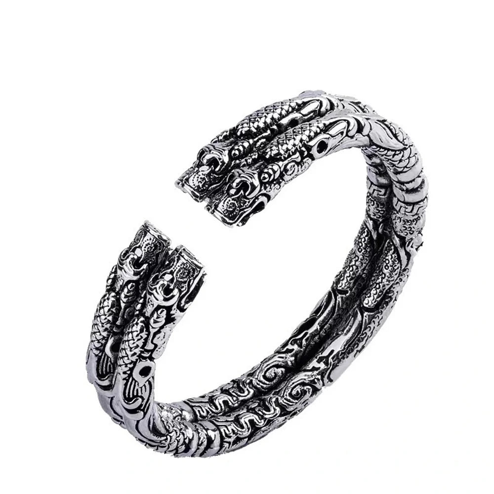 925 Sterling Silver Four‑Dragon‑Head Open Cuff Bangle Adjustable Men Bracelet Chinese‑Style Personalized Jewelry Gift