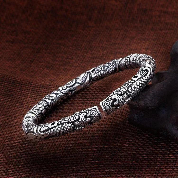 925 Sterling Silver Four‑Dragon‑Head Open Cuff Bangle Adjustable Men Bracelet Chinese‑Style Personalized Jewelry Gift