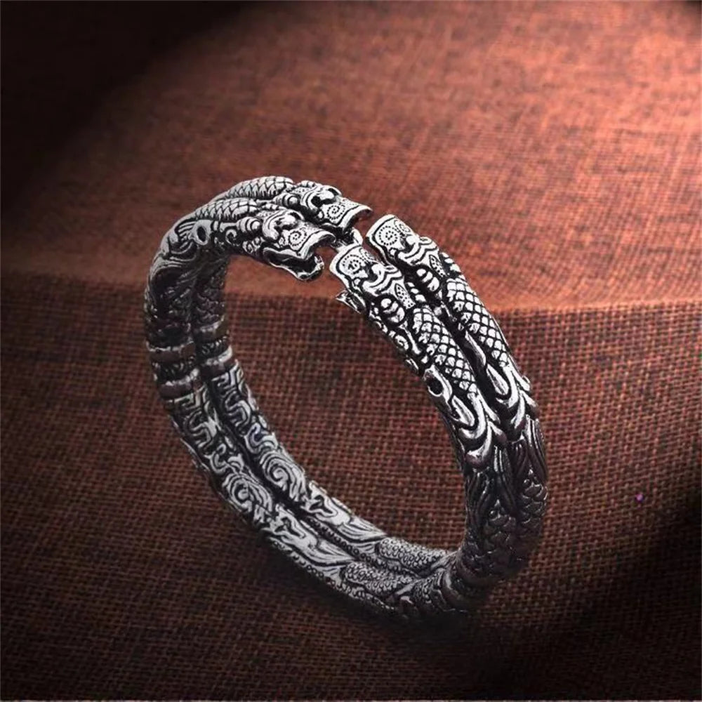 925 Sterling Silver Four‑Dragon‑Head Open Cuff Bangle Adjustable Men Bracelet Chinese‑Style Personalized Jewelry Gift