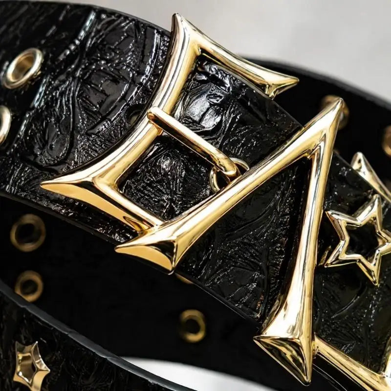 31BB Casual Outfit Belt with Black PU Strap and Star-Shaped Metal Eyelets
