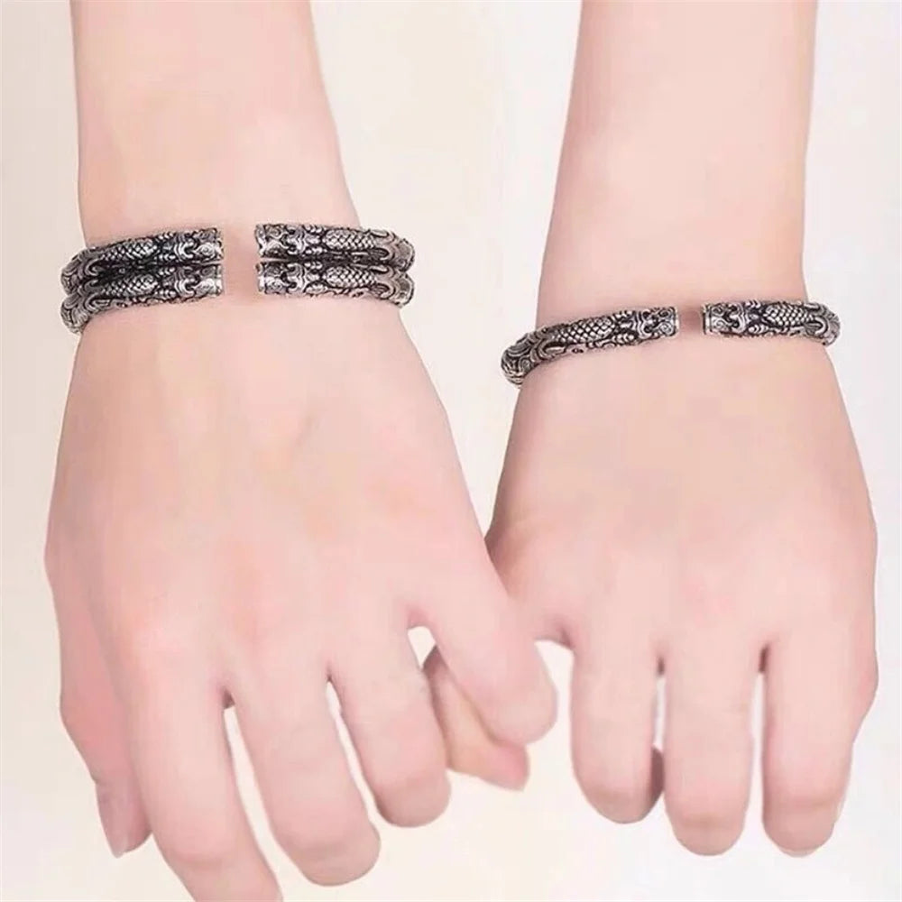 925 Sterling Silver Four‑Dragon‑Head Open Cuff Bangle Adjustable Men Bracelet Chinese‑Style Personalized Jewelry Gift