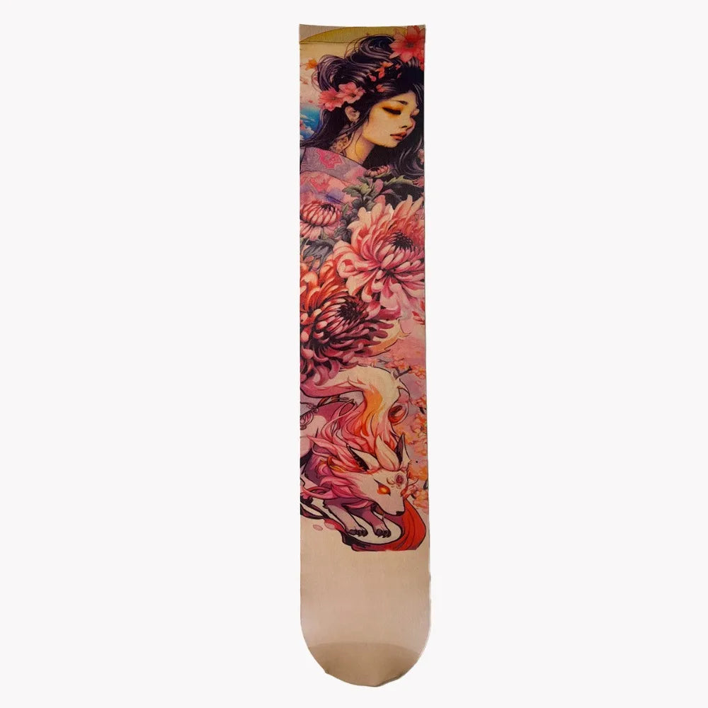 Fashion Simulated Single-leg Socks Perspective Mesh Printed Thigh Socks Personality Sexy Tattooed Stockings Unisex