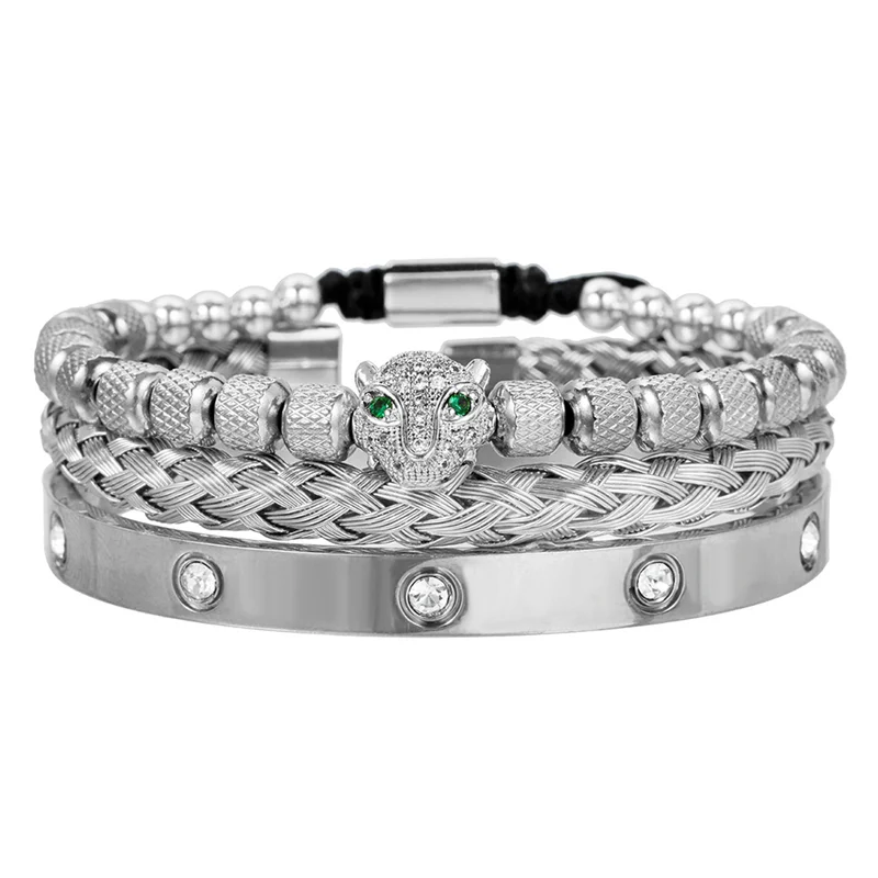 EBUTY Stainless Steel Bangles With Zircon Leopard Head Bracelet Set Adjustable Men Bracelets Charm Male Jewelry 3 pcs / Set