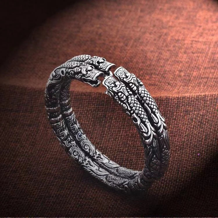 925 Sterling Silver Four‑Dragon‑Head Open Cuff Bangle Adjustable Men Bracelet Chinese‑Style Personalized Jewelry Gift