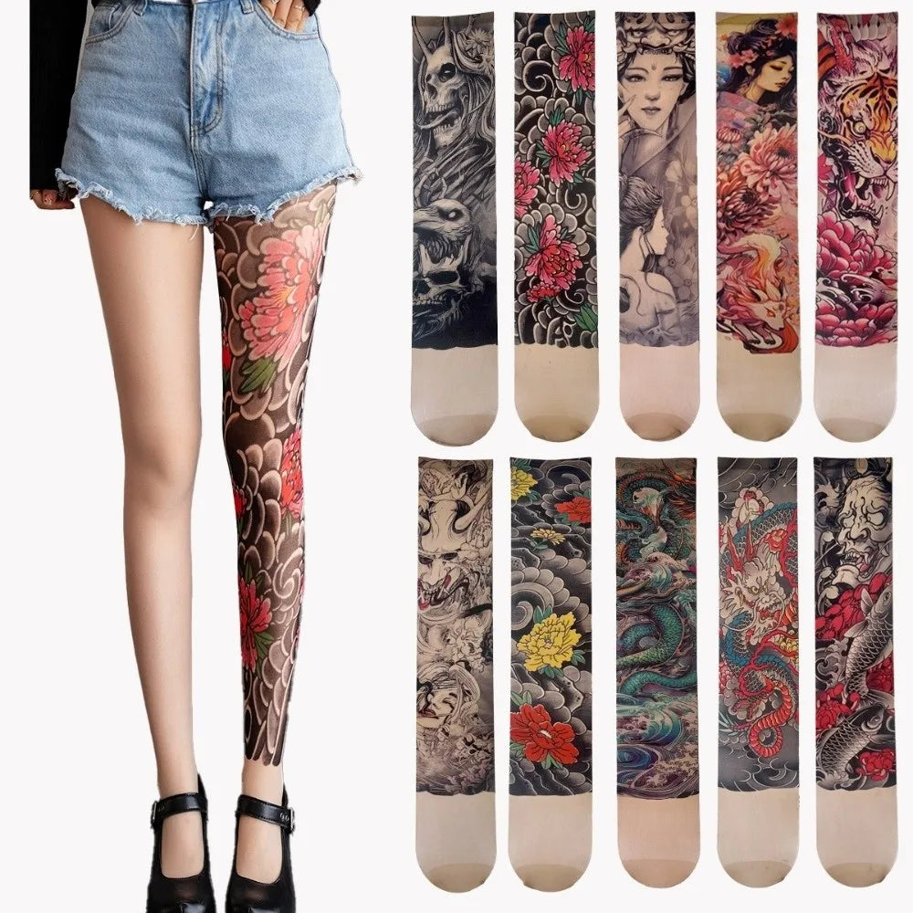 Fashion Simulated Single-leg Socks Perspective Mesh Printed Thigh Socks Personality Sexy Tattooed Stockings Unisex