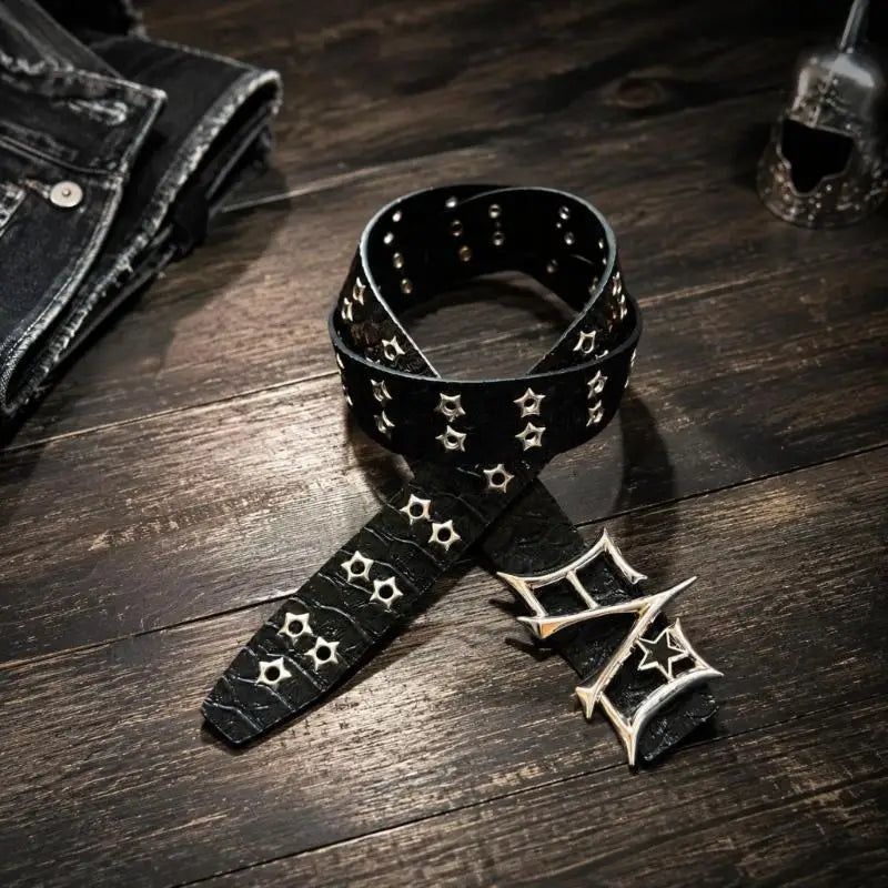 31BB Casual Outfit Belt with Black PU Strap and Star-Shaped Metal Eyelets